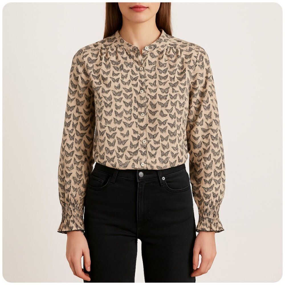 0039 Italy Balea Frill Butterfly Print Blouse XS Beige Black Long Sleeve Button